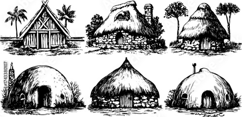 Set of traditional huts and houses. Simple black and white vector illustrations of various architectural styles surrounded by nature.