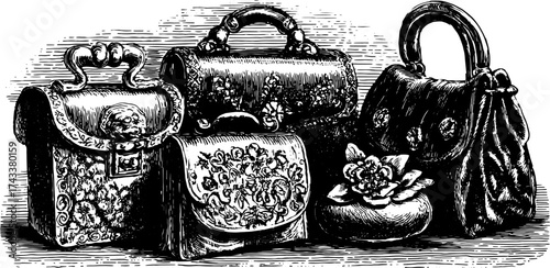 Illustration of handbags and bags in silhouette engraving style. A vintage, decorative set highlighting elegant designs in vector format.