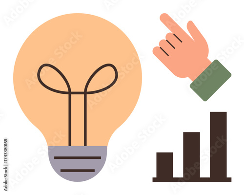 Light bulb next to ascending bar chart and pointing hand symbolizing ideas, growth, and progress. Ideal for innovation, strategy, leadership, guidance, creativity solutions analytics. Simple flat