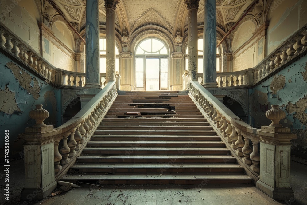 Obraz premium Sunlight illuminates through window and onto decaying grand staircase in abandoned palace