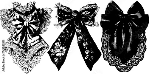 Vintage lace bows in black outline style. Hand-drawn vector illustration set showcasing floral designs and intricate textile patterns.