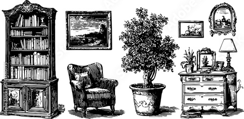 Vintage furniture silhouette engraving featuring a set of a bookshelf, chair, plant, lamp, and dresser. Hand-drawn vector illustration.