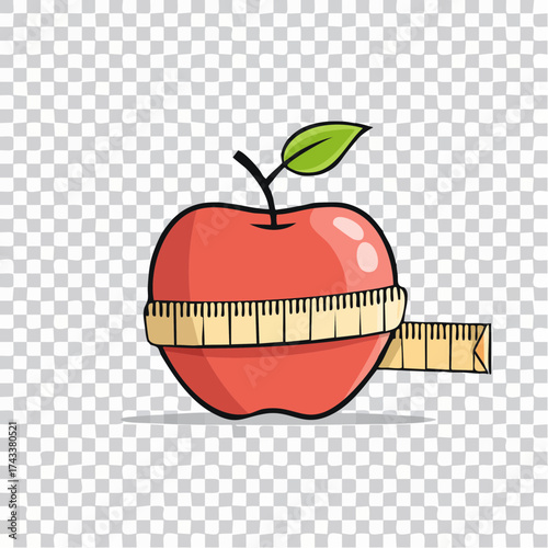 Cartoon apple with measuring tape, representing diet and weight loss.