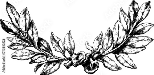 Vintage engraving of leaves in detailed outline style. This black and white vector illustration showcases classic botanical design.