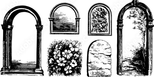Antique engraving set featuring ornate frames and floral details. Classic vector illustrations in a vintage style for decorative uses.