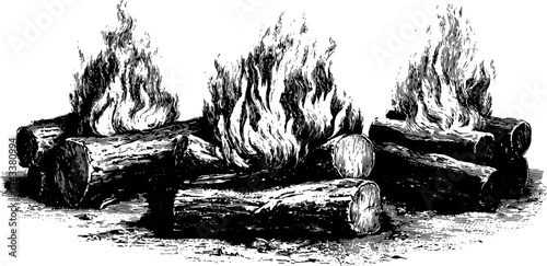 Campfire illustration featuring logs with flames. Vintage engraving style vector illustration showcasing outdoor warmth.