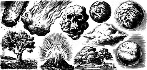 Engraved print featuring a tree, clouds, meteors, and a skull. Retro black outline artwork illustrating cosmic elements in a vintage vector illustration.