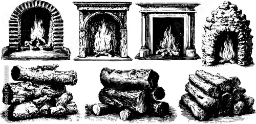 Fireplace engraving showcasing vintage designs. Hand-drawn illustrations of wood logs create a cozy and warm interior vector illustration set.