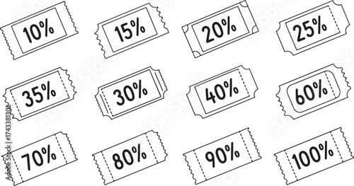 Collection of hand-drawn sketch coupon and ticket shapes featuring major percentage discounts