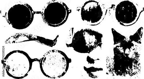 Vintage glasses and a cat in a black and white set of illustrations. Features line drawings and vector engravings, showcasing artistic texture and design.