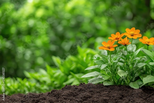 Vibrant orange flowers blooming amidst lush green foliage in a garden setting with rich dark soil close-up shot