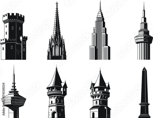 Architectural tower icon set, medieval, gothic, modern skyscraper, observation tower, fairytale castle, obelisk silhouette, vector design, black elements