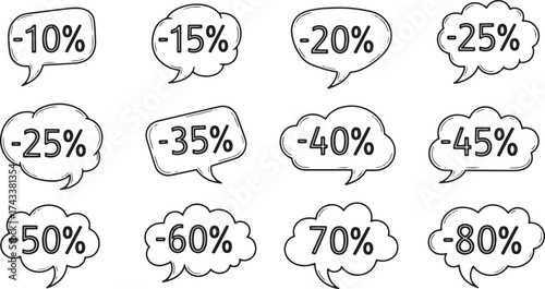 Collection of hand-drawn sketch coupon and ticket shapes featuring major percentage discounts