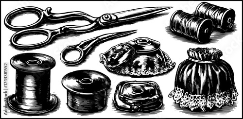 Hand-drawn illustration featuring scissors and spools of thread, showcasing a vintage sewing accessories set in black outline vector style.