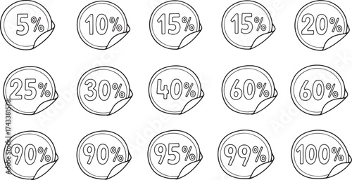 Collection of hand-drawn sketch coupon and ticket shapes featuring major percentage discounts