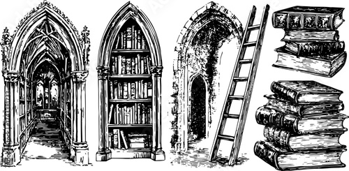 Antique engraving of a gothic library interior featuring shelves of books and a ladder. Detailed vector illustration showcasing architectural elements.