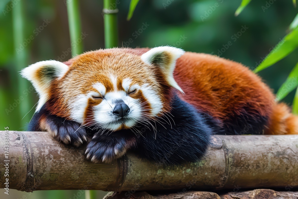 Obraz premium Adorable Red Panda Relaxing Peacefully on Bamboo in a Lush Green Natural Habitat