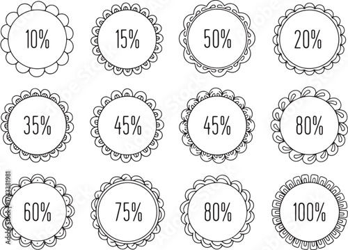 Collection of hand-drawn sketch coupon and ticket shapes featuring major percentage discounts