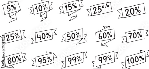 Collection of hand-drawn sketch coupon and ticket shapes featuring major percentage discounts