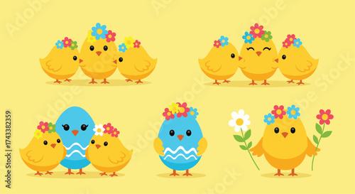 Cute cartoon chicks wearing flower crowns celebrating Easter spring holiday together.