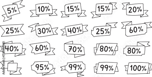 Collection of hand-drawn sketch coupon and ticket shapes featuring major percentage discounts