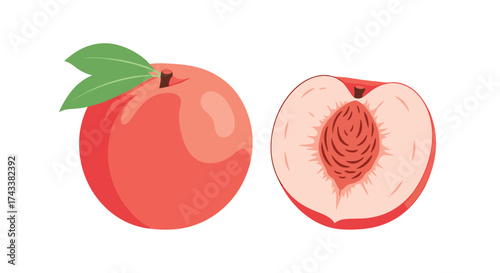 A ripe juicy peach shown whole with leaves and a second peach cut in half revealing the pit.