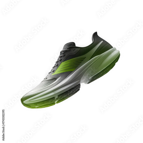 Running shoe with modern athletic design isolated on a transparent background for sports retail banners and fitness equipment templates.