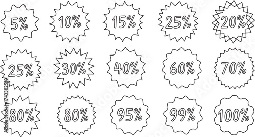 Collection of hand-drawn sketch coupon and ticket shapes featuring major percentage discounts