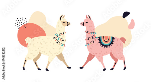 Two cute llamas with festive garlands and abstract shapes in a modern flat design.