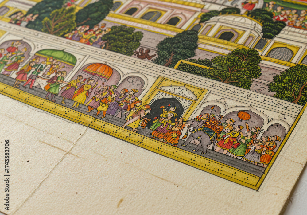 Fototapeta premium Exquisite Rajasthani miniature painting depicting a vibrant historical procession with elephants and figures, meticulously hand-painted on textured old paper.