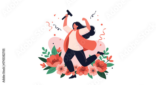 Celebrate success with a happy dancer surrounded by flowers and confetti.