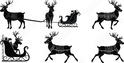 Santa Claus, reindeer, sleigh silhouette, Christmas vector, black and white, festive icon, holiday design, winter graphic, isolated illustration, seasonal clipart