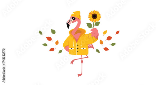 A flamingo dressed in a yellow raincoat holds a sunflower in its beak and stands amidst falling autumn leaves.