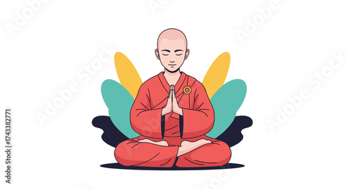 A monk meditating peacefully in a lotus position with eyes closed.