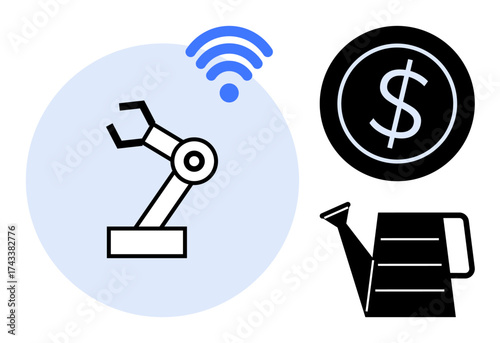 Robotic arm, wireless signal, dollar coin, and watering can symbolizing automation, IoT, financial investment. Ideal for smart farming, innovation industry 4.0 agriculture technology