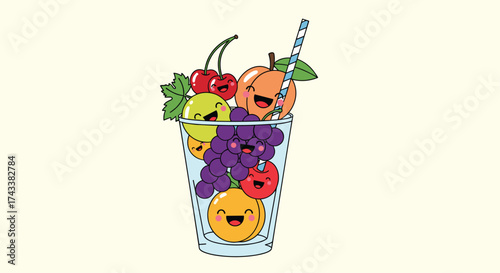 A delightful glass filled with a vibrant mix of happy cartoon fruits and a striped straw.