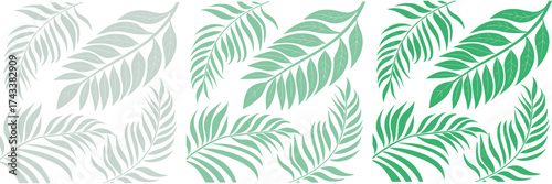 Tropical fern leaf seamless pattern with gradient green shades on a white background, perfect for botanical fabric, wallpaper, packaging, and elegant nature-inspired design projects.