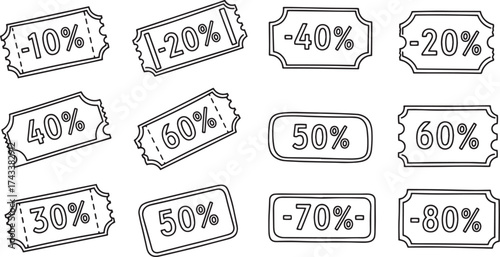 Collection of hand-drawn sketch coupon and ticket shapes featuring major percentage discounts