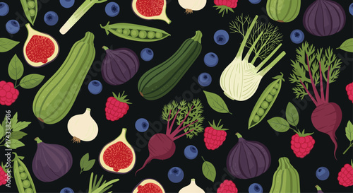 A vibrant collection of fresh organic produce and fruits arranged on a black background.