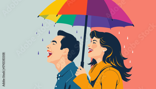 Couple smiling under a colorful umbrella while it rains  
