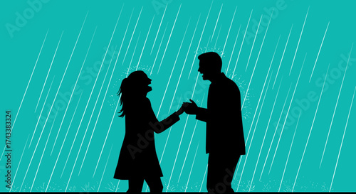 Couple embracing while standing together in the rain on teal background  