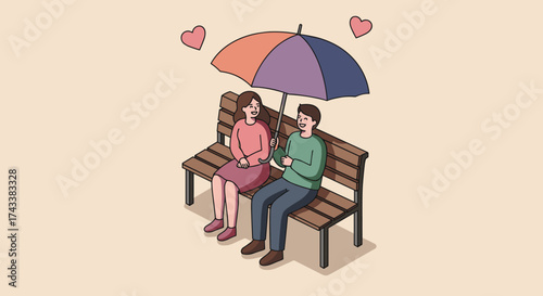Couple sitting on a bench under an umbrella with hearts above  