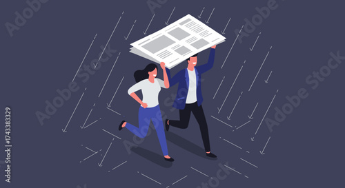 Two people running in the rain holding a newspaper above their heads  