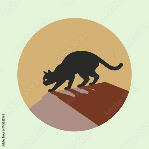 Black cat icon crouching on rooftop with shadow and background in distinct solid colors, minimalist bold vector illustration