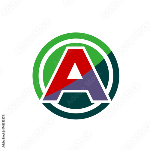 Circle-A anarchist icon with bold angular edges in three layered solid colors on white background, strong minimalist vector design
