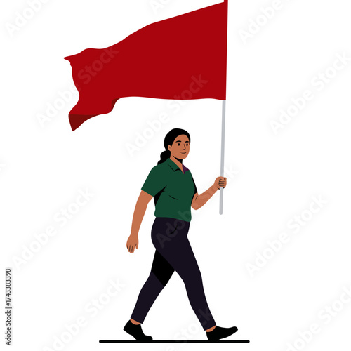 Woman worker marching with red flag, clothing, skin, and flag in distinct solid colors, white background vector protest illustration