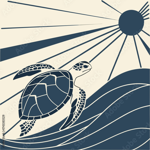 Minimilist sea turtle swimming in the ocean with sun rays shining above in a stylized graphic illustration vector