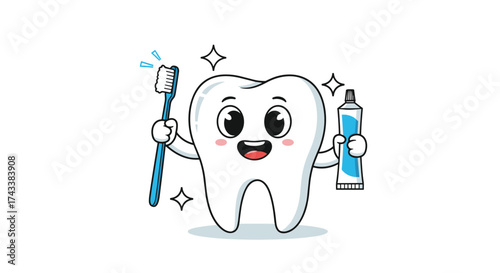Cartoon tooth with toothbrush and toothpaste sparkling and clean.