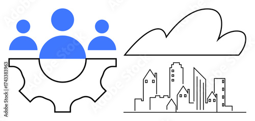 Human figures on a gear symbolize teamwork, cloud design suggests technology, and a cityscape represents urban development. Ideal for teamwork, innovation, technology, smart cities, industry, data