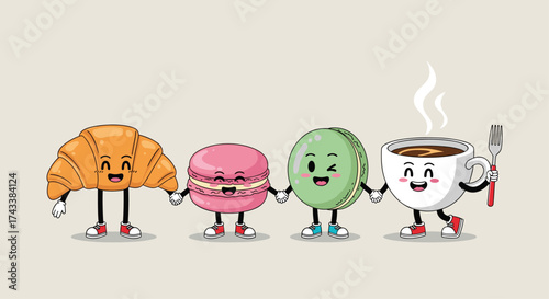 A group of cartoon pastries and a coffee cup holding hands and looking happy.